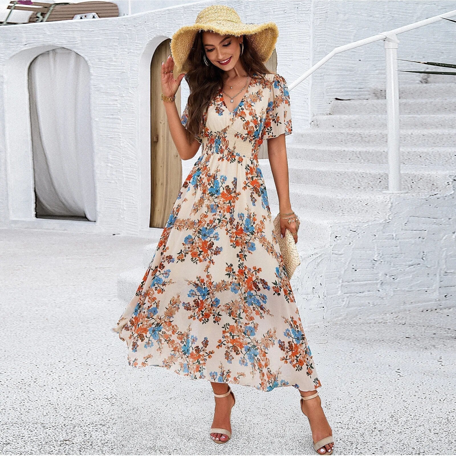 Floral Print Summer Dress for Women - Elegant Casual or Formal Wear, Lightweight Comfortable Fit, Knee-Length, Available in Multiple Colors