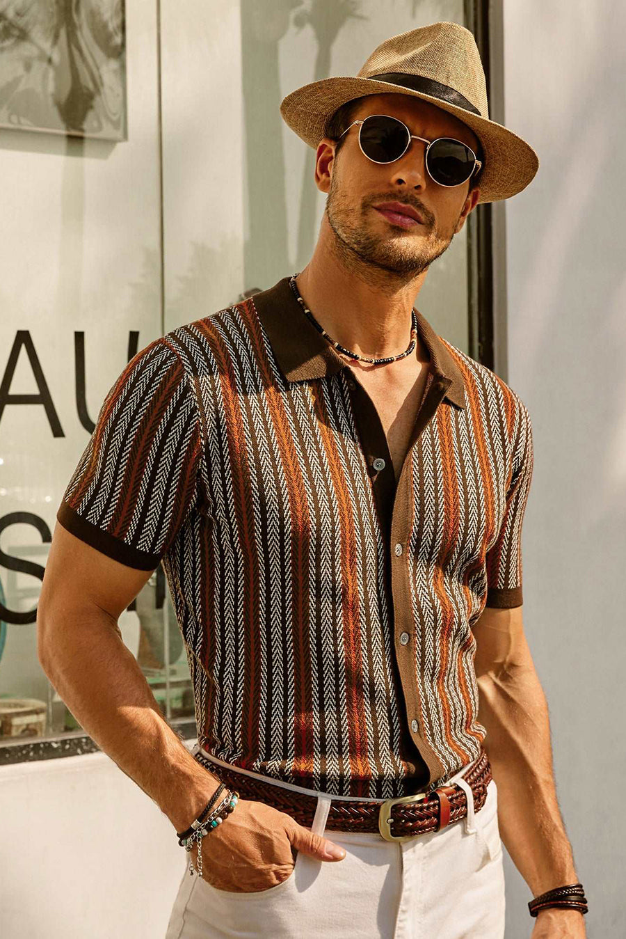 Retro Striped Polo Shirt for Men, Short Sleeve, Breathable Fabric, Vintage Style, Comfortable Fit