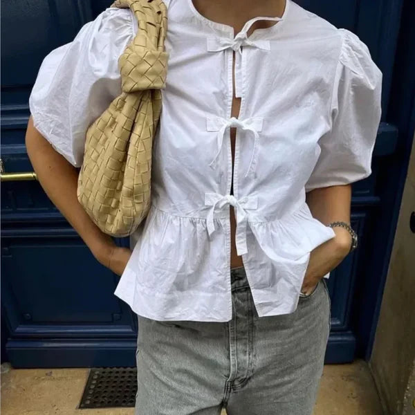 Striped Puff Sleeve Women's Top - Elegant Casual Blouse for Women, Comfortable Fit and Versatile Design