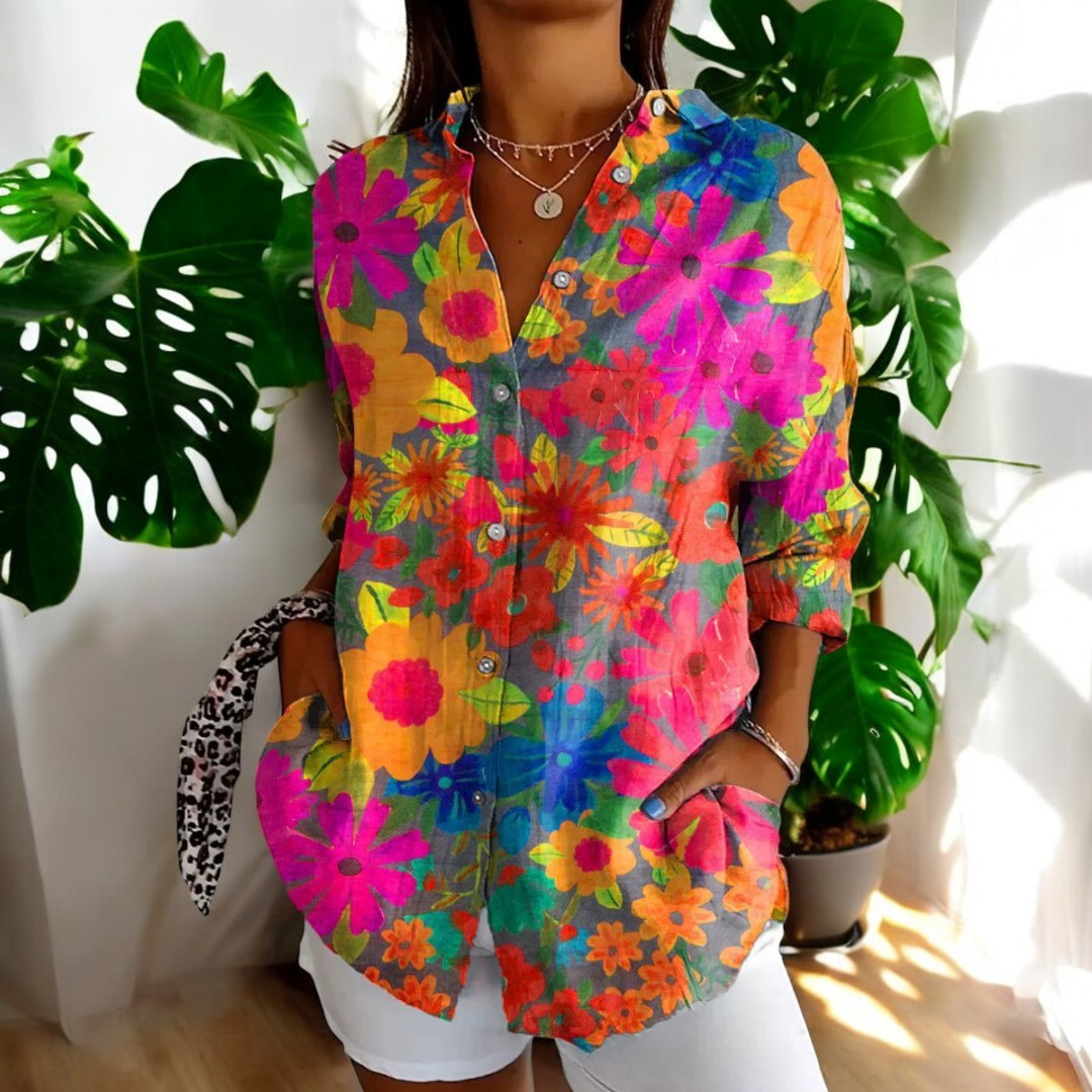 Vintage Floral Womens Blouse, Lightweight Summer Top with Button Front and Relaxed Fit
