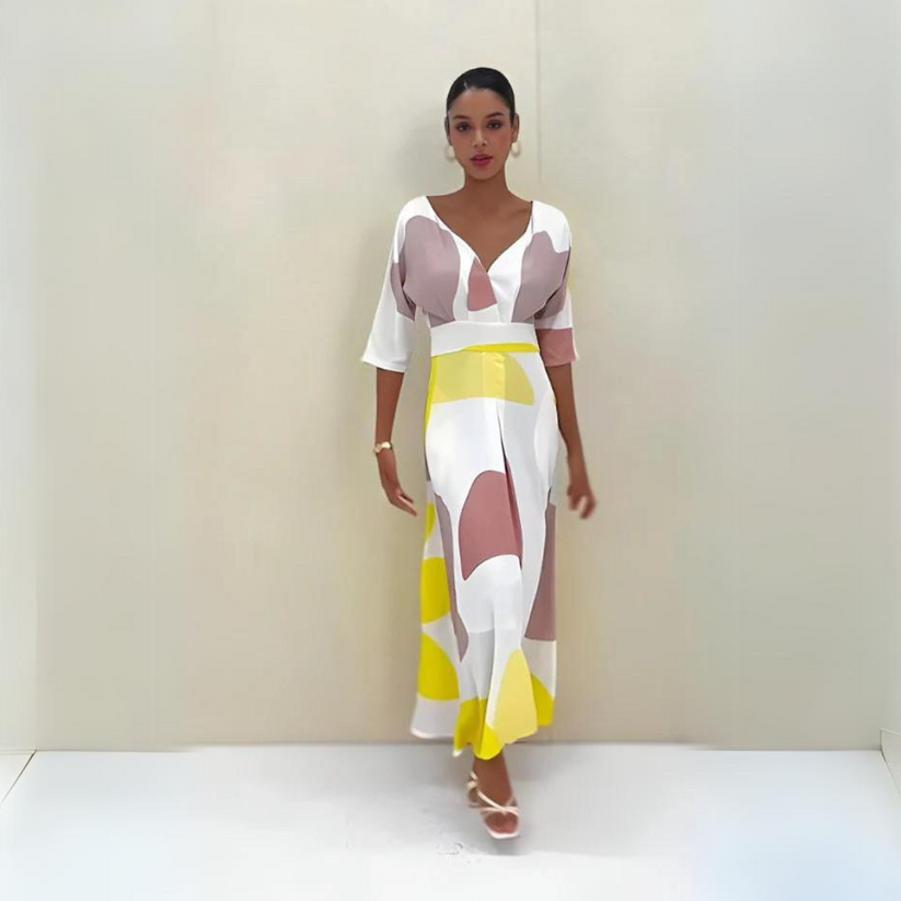 Elegant Long Summer Dress with Playful Neckline and Three-Quarter Sleeves - Lightweight Women Dress for Casual and Special Occasions