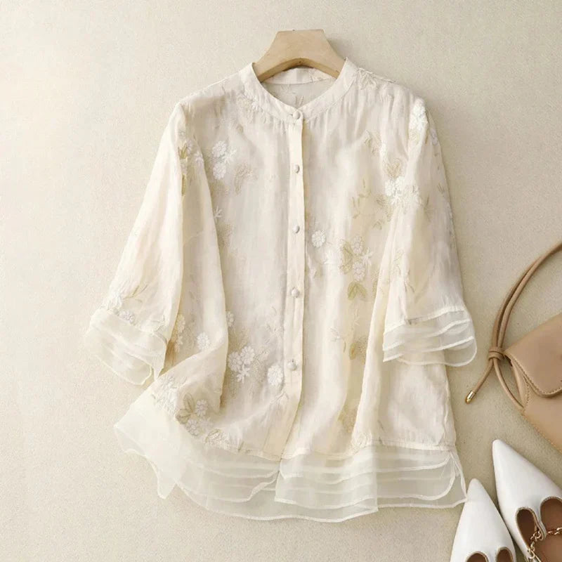 Elegant Women's Top with Embroidery, Breathable Cotton Blend Blouse in Various Colors and Sizes