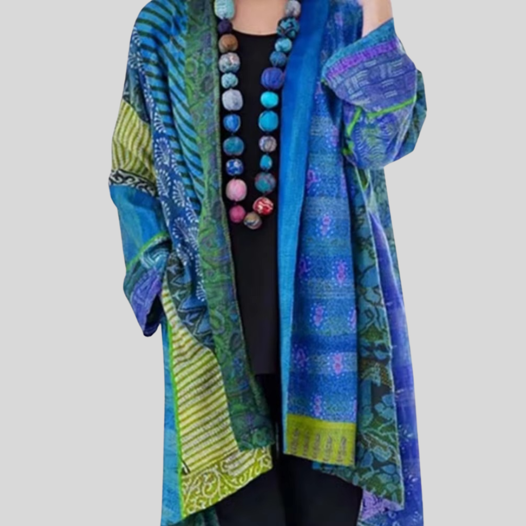 Vintage Cotton Linen Ethnic Print Cardigan - Large Size Long Sleeve Women's Sweater