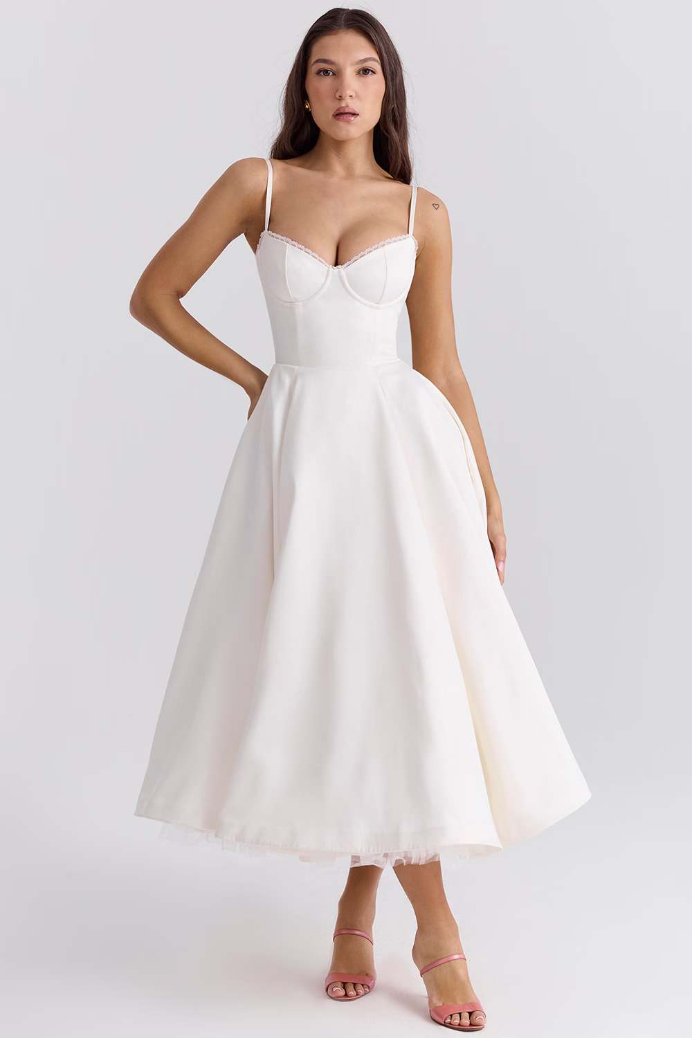 Elegant White Midi Dress with Spaghetti Straps and Tulle Skirt for Women - Perfect for Special Occasions