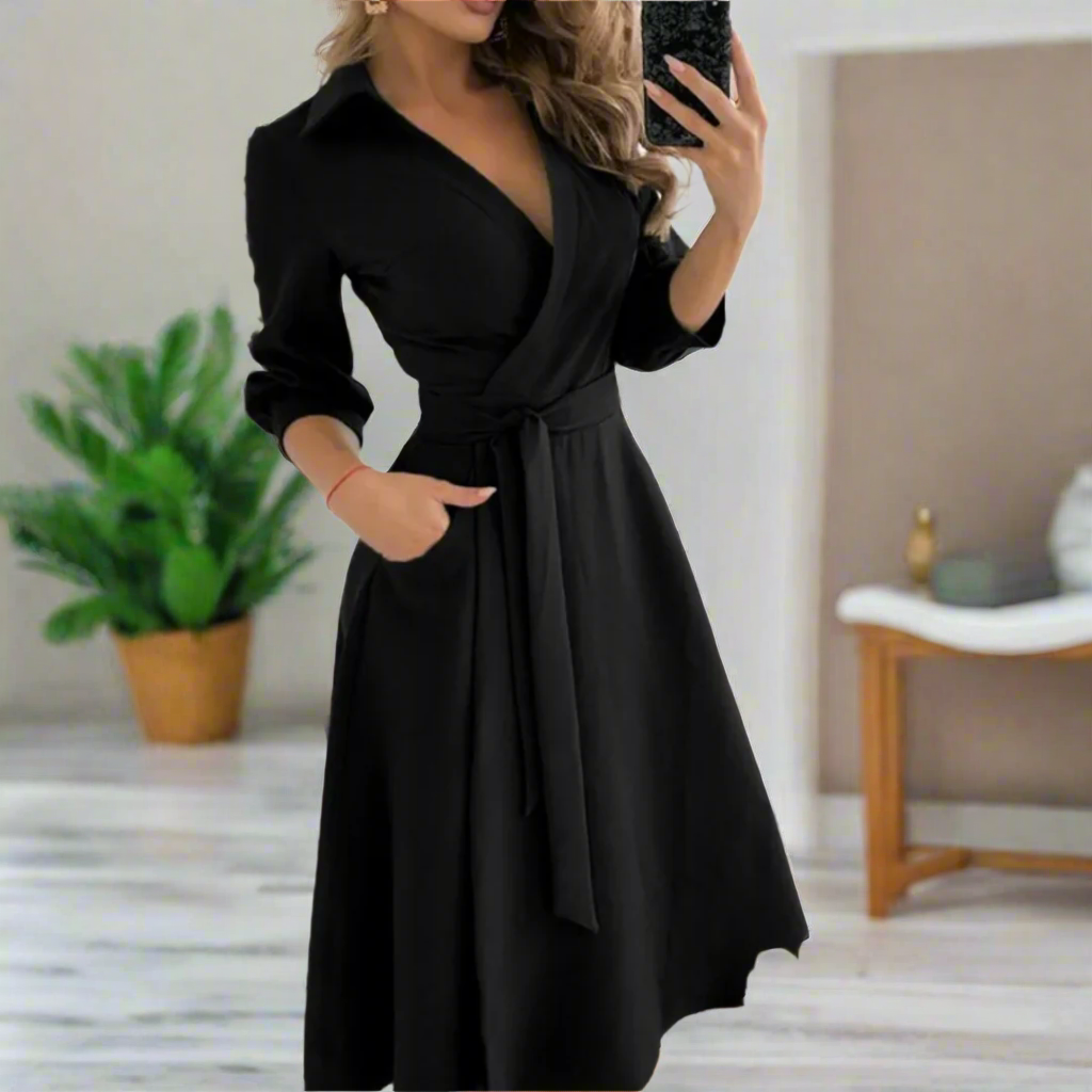 Elegant Midi Dress for Women with Deep V-Neck, Flattering Fit, and Versatile Style for Any Occasion