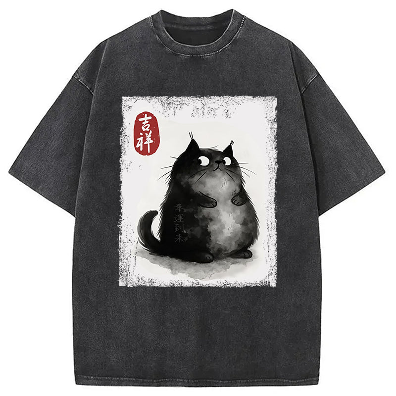 bbb Auspicious Fluffy Black Cat Washed T-Shirt