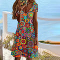 Colorful Abstract Print Womens Dress, V-Neck Knee-Length Short Sleeve Summer Dress in Cotton-Polyester Blend