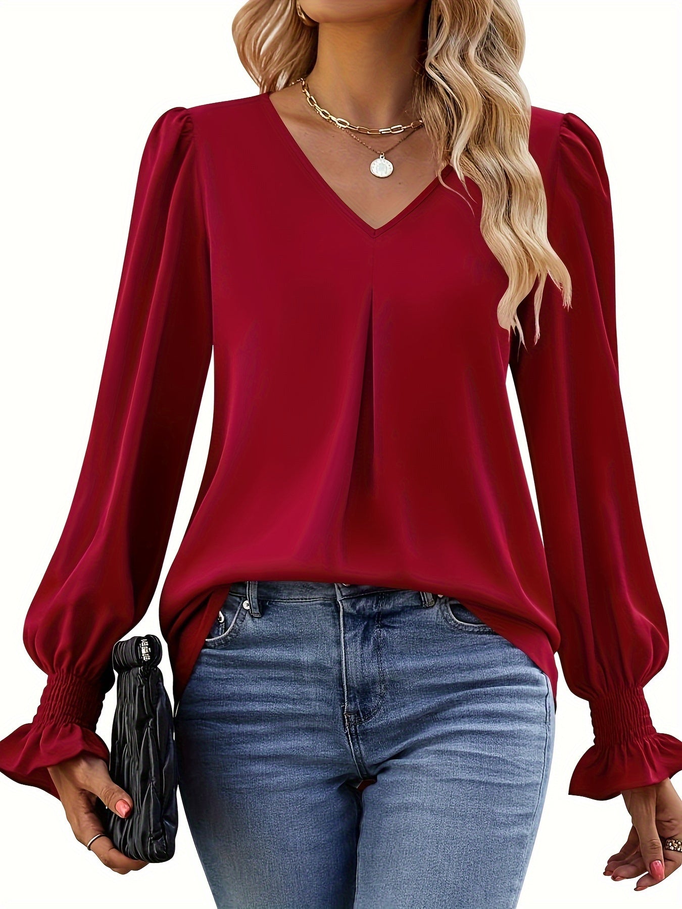 Elegant Women's Blouse in Solid Color, Lightweight Polyester V-Neck Top for Spring and Autumn Styling