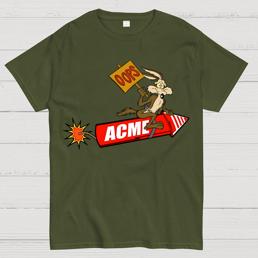 Acme Road Runner Wile E. Coyote Funny Oops Rocket  T-Shirt