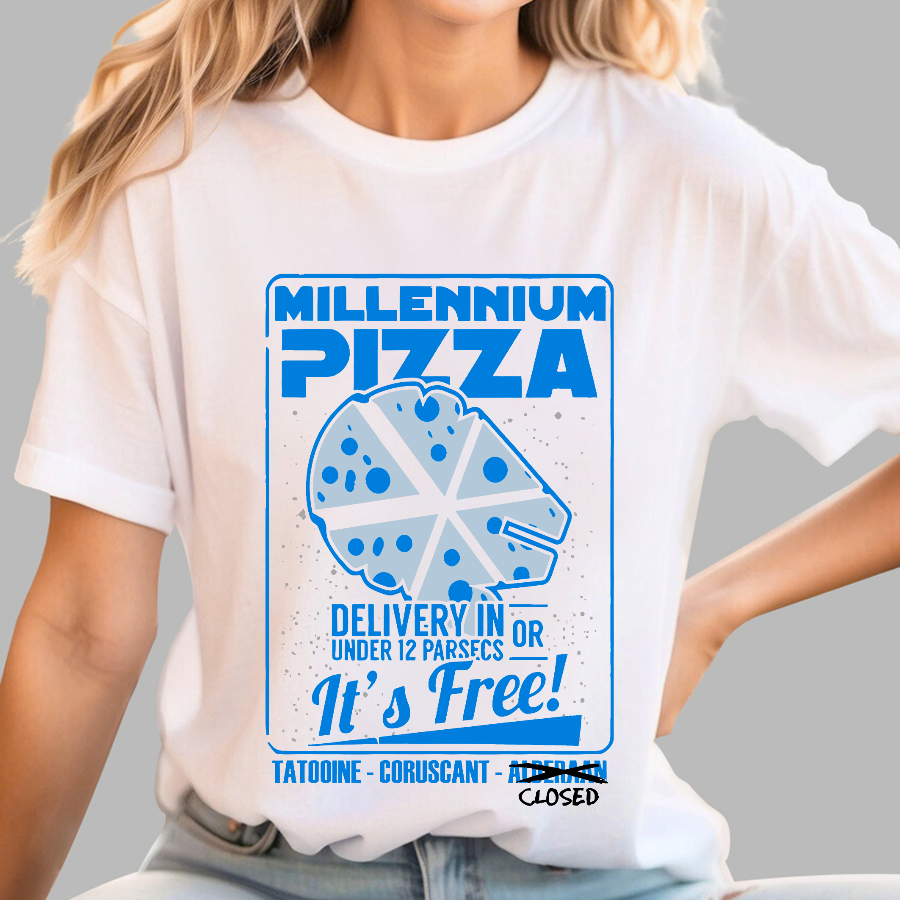 Millennium Pizza Delivery In Or Under 12 Parsecs It's Free! Tatodine Coruscant-Alderari Closed  T-Shirt