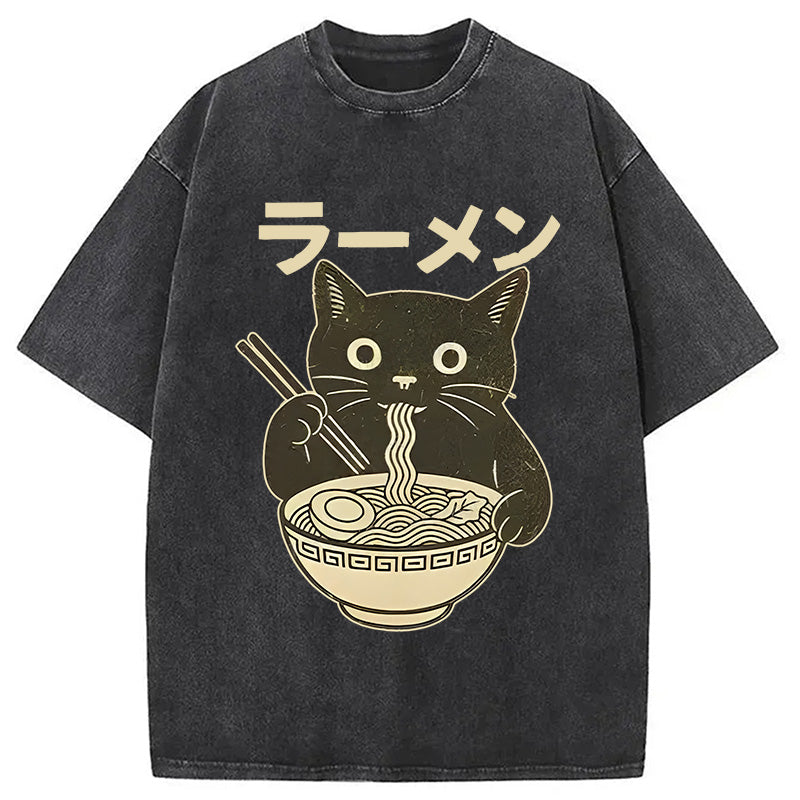 bbb Simple Black Cat Eating Ramen Washed T-Shirt