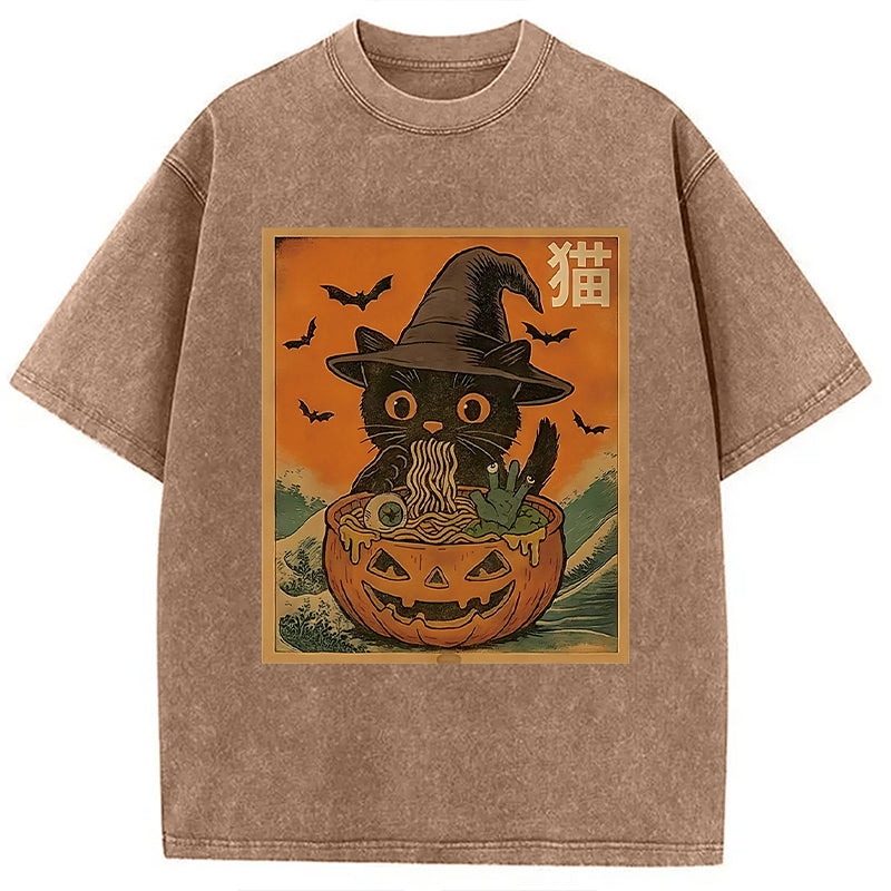 bbb Halloween Cat Eating Ramen Washed T-Shirt