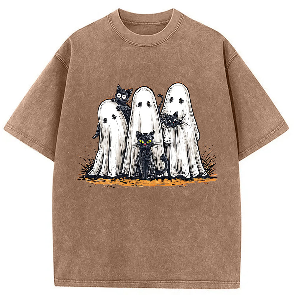 bbb Black Cat Ghost Halloween Washed T-Shirt