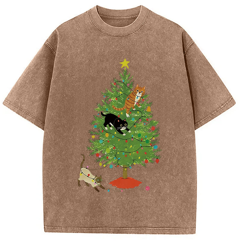bbb Cats Playing On The Christmas Tree Washed T-Shirt