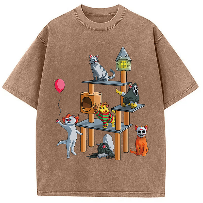 bbb Funny Cat Horror Movies Cute Halloween Washed T-Shirt
