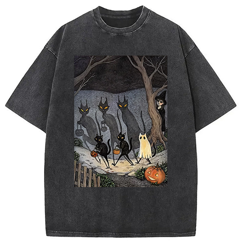 bbb Black Cat Ghost Halloween Washed T-Shirt