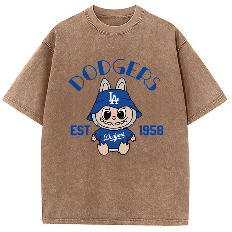 bbb Labubu Dodgers Dream Baseball Vintage Japanese Washed T-Shirt