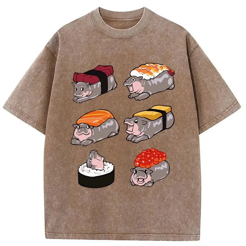 bbb Cute Hippo Sushi Washed T-Shirt