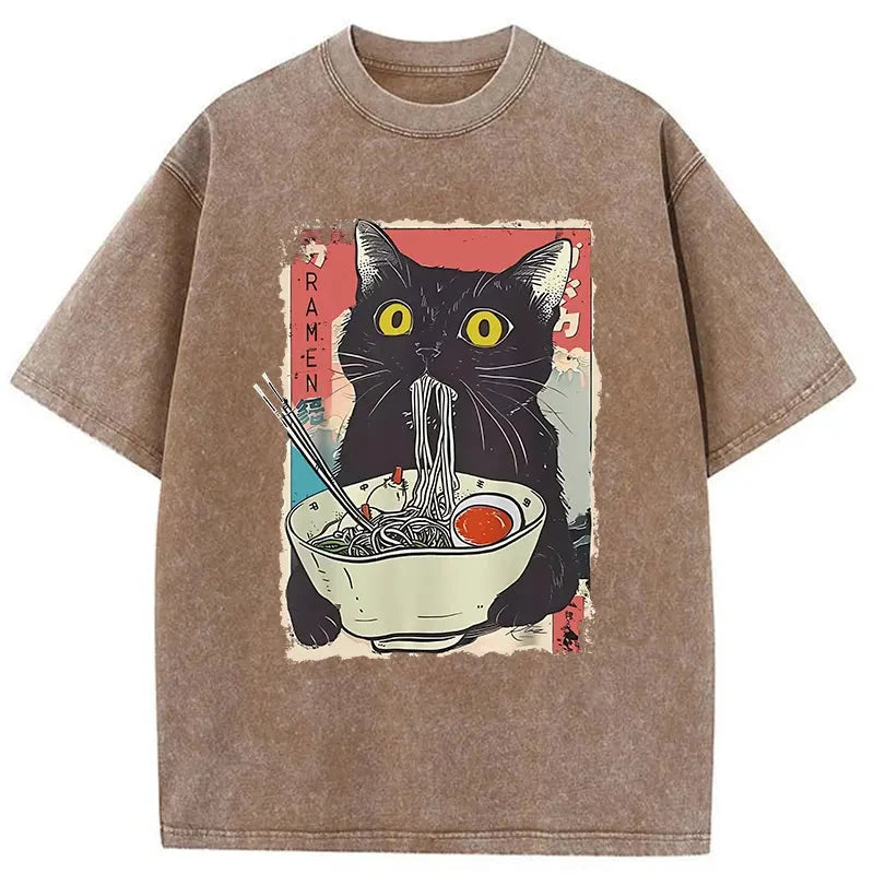 bbb Cute Cat Eating Ramen Washed T-Shirt