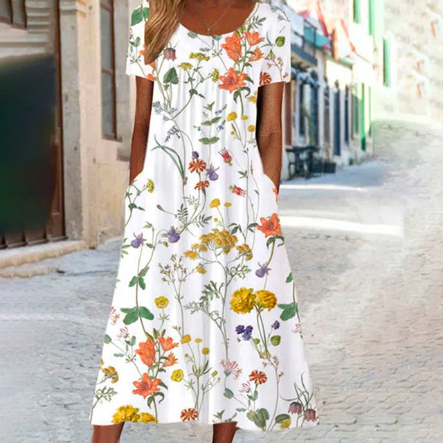Elegant Floral Print Summer Dress, Short Sleeves, Round Neckline, Comfortable Cotton-Polyester Blend, Calf Length