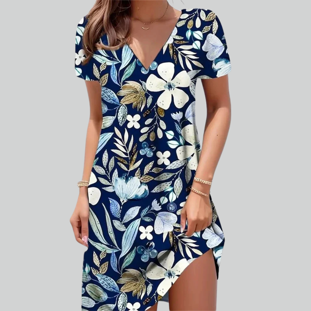 Retro Women Dresses Ethnic Floral Print Midi Dress Plus Size Short Sleeve V-Neck