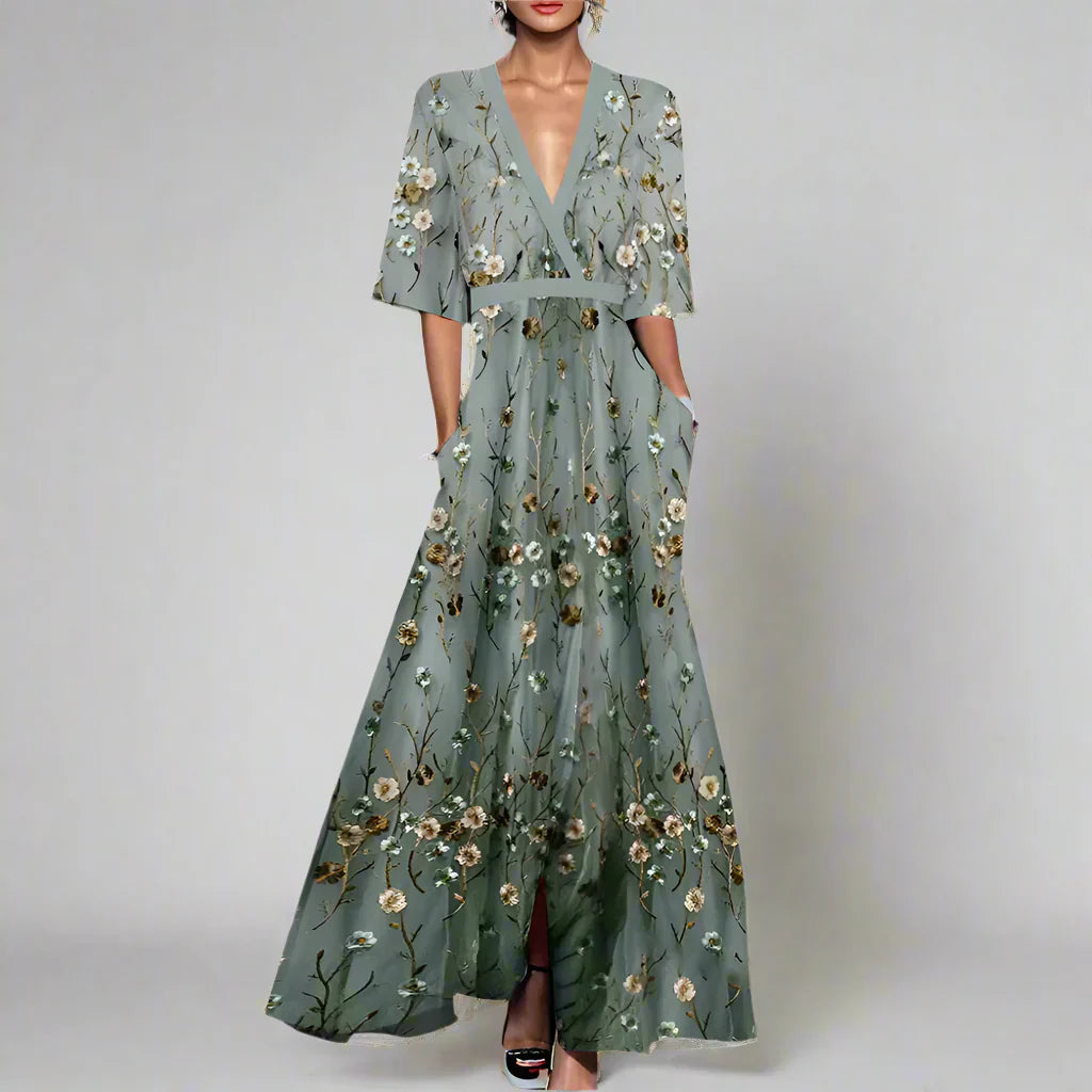 Elegant Green Floral Summer Dress with Mid-Length Sleeves for Wedding Guests and Formal Occasions