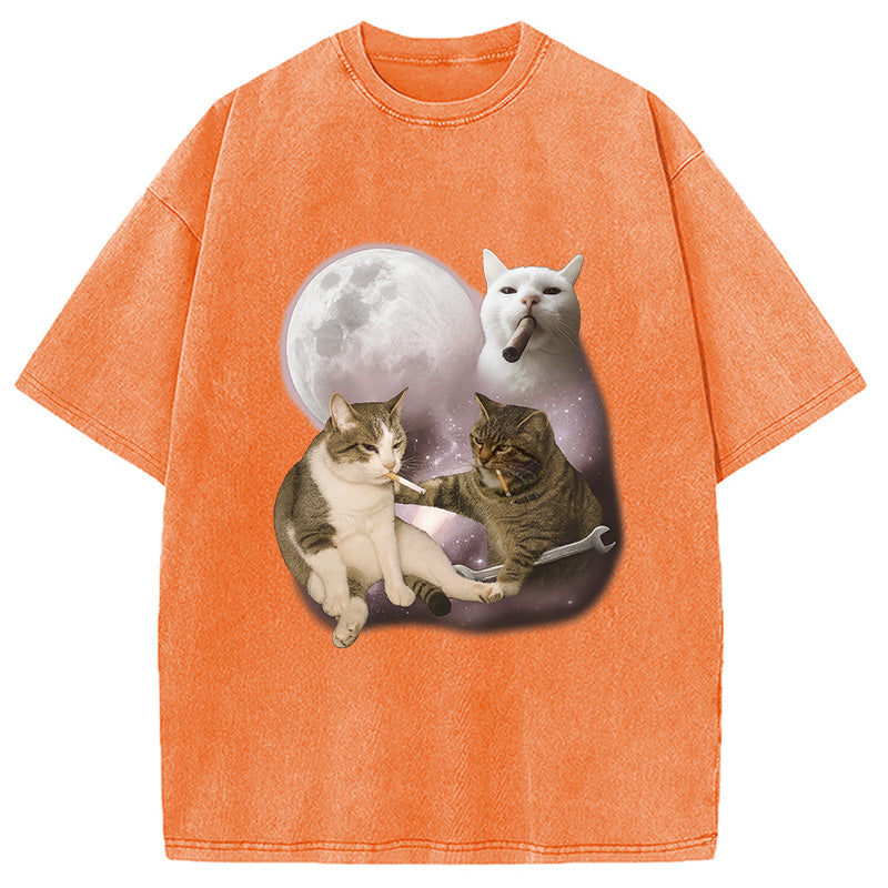 bbb Three Cat Smoking Retro Washed T-Shirt