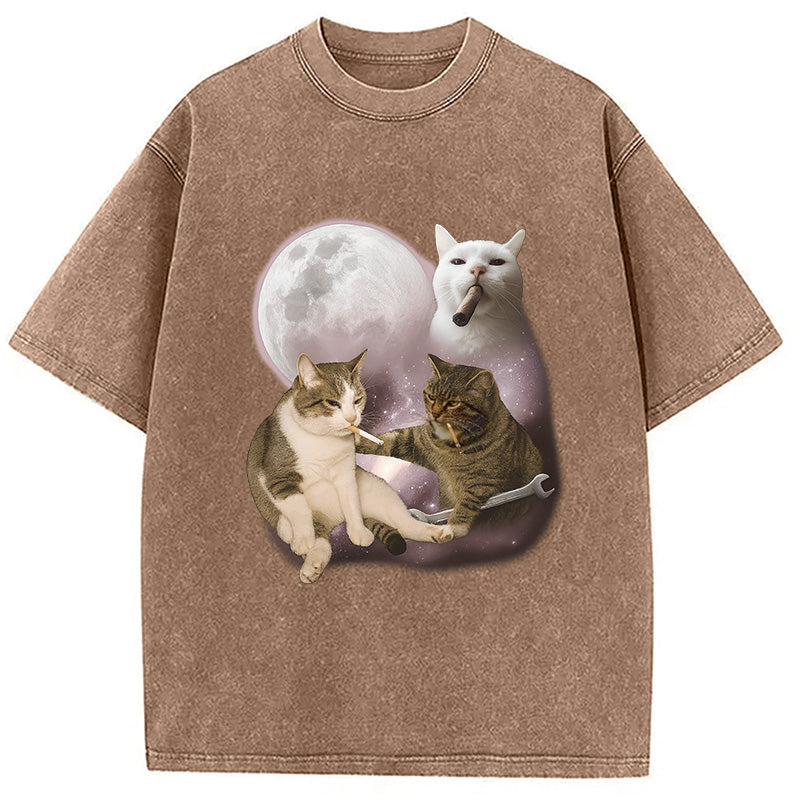 bbb Three Cat Smoking Retro Washed T-Shirt