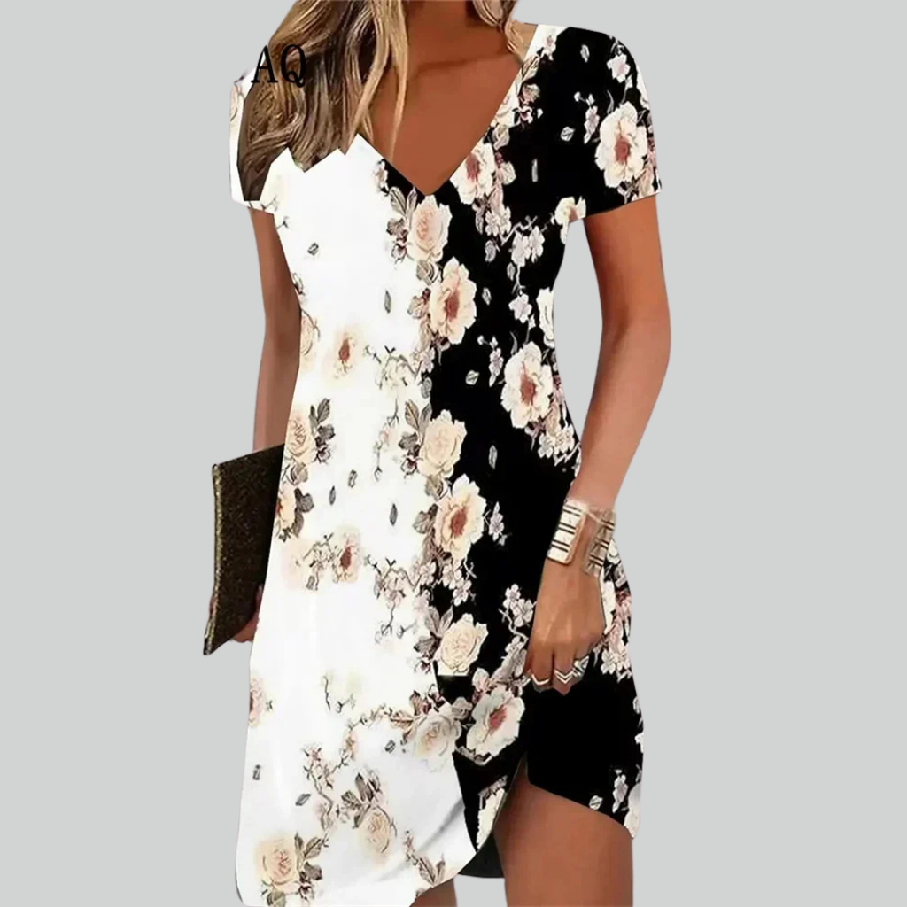 Retro Women Dresses Ethnic Floral Print Midi Dress Plus Size Short Sleeve V-Neck