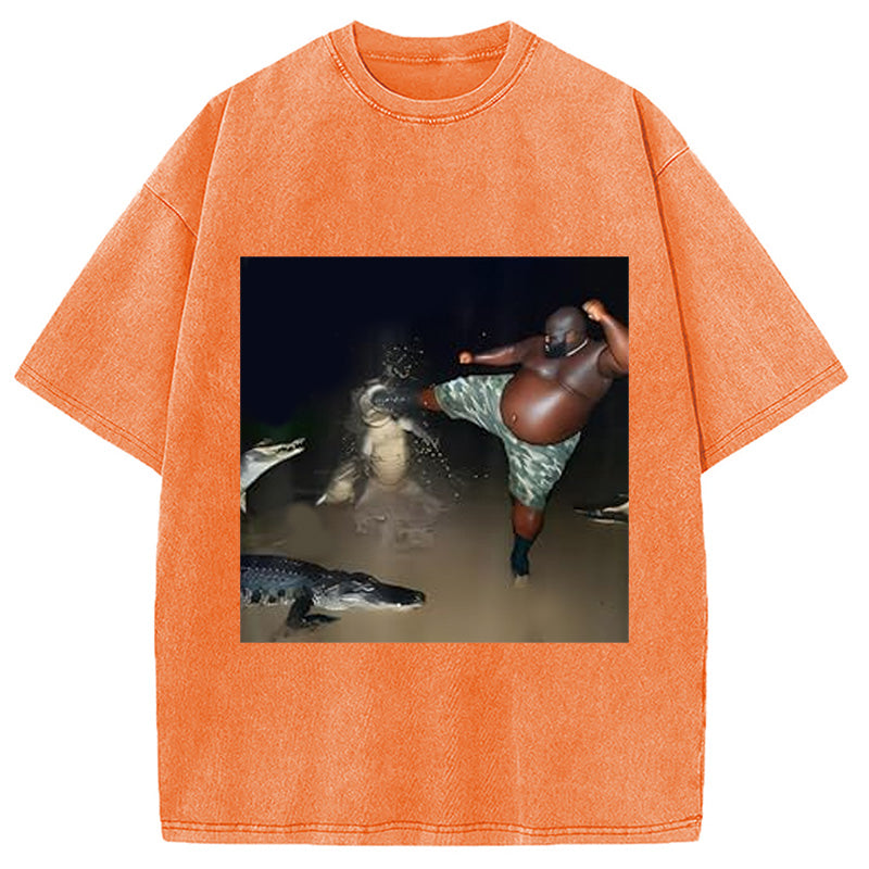bbb Man Kick Alligator In Swamp Funny Washed T-Shirt