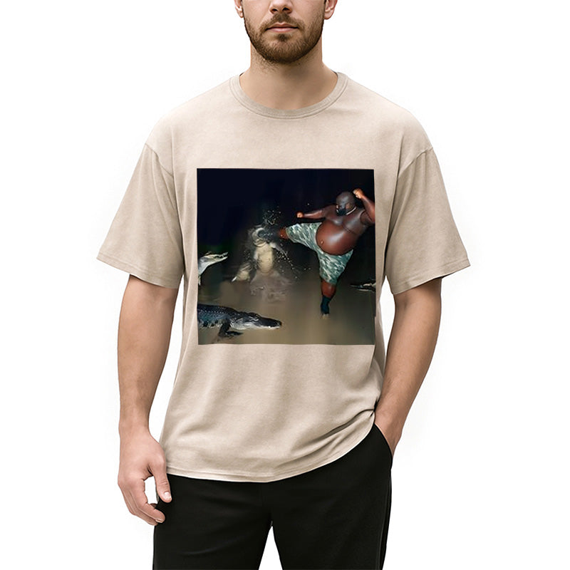bbb Man Kick Alligator In Swamp Funny Washed T-Shirt