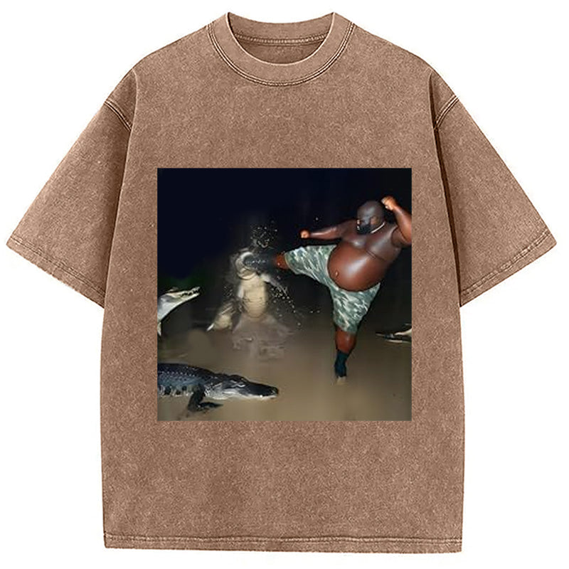 bbb Man Kick Alligator In Swamp Funny Washed T-Shirt