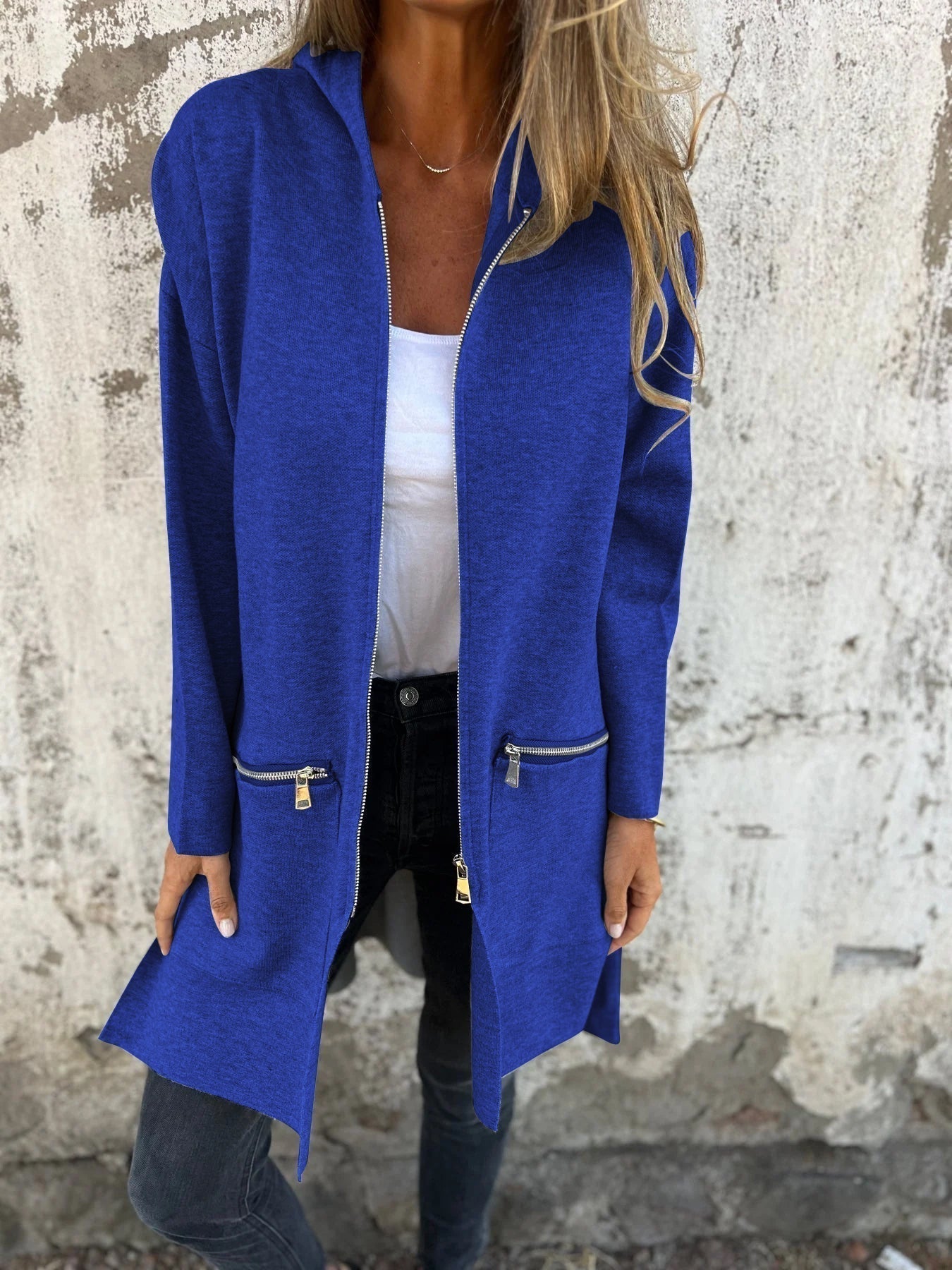 Lightweight Womens Long Hoodie - Fitted Zip Cotton Layering