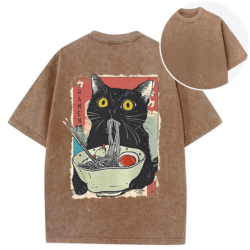 bbb Cute Cat Eating Ramen Back Washed T-Shirt