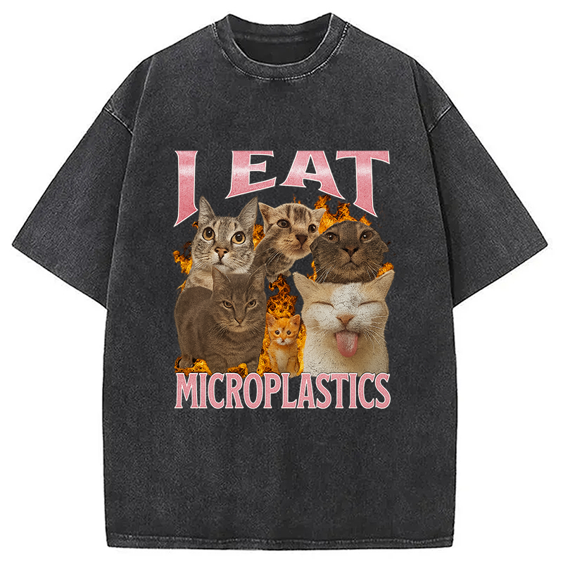 bbb I Eat Microplastics Funny Cat Meme Washed T-Shirt