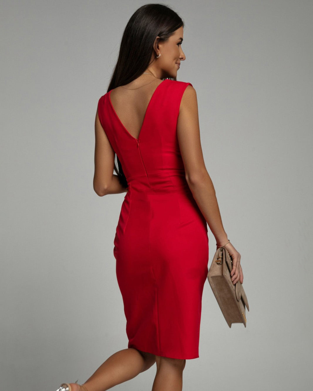 Elegant Women's V-Neck Cocktail Dress with Slit, Figure-Hugging Design for Formal Occasions, Available in Multiple Sizes