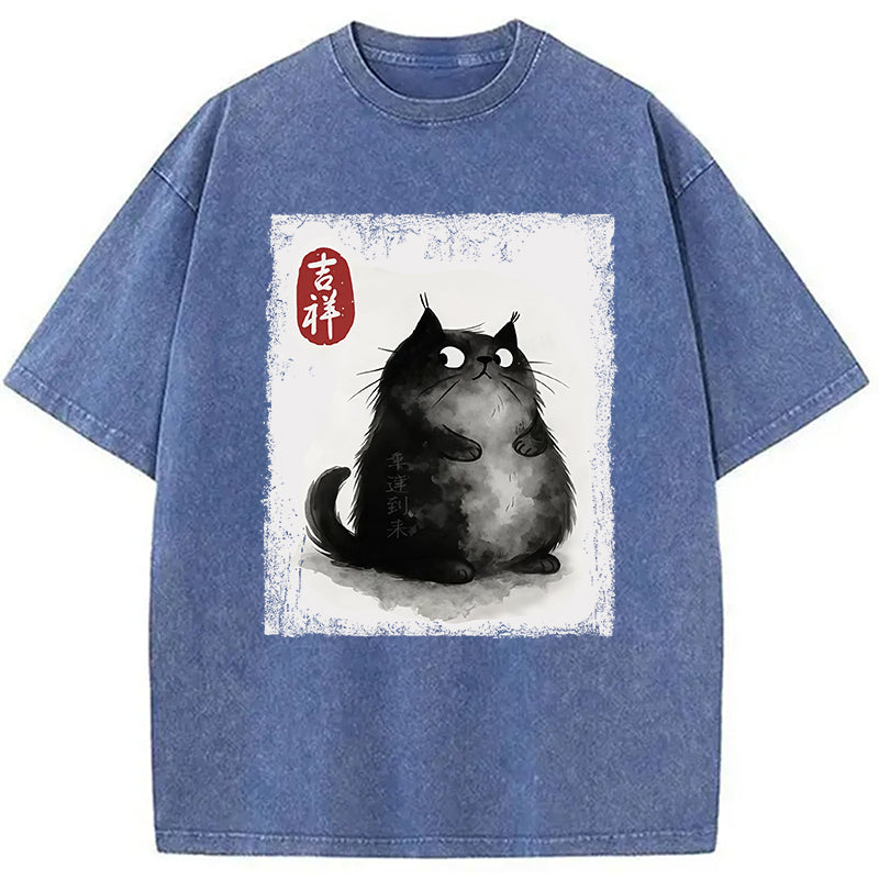 bbb Auspicious Fluffy Black Cat Washed T-Shirt
