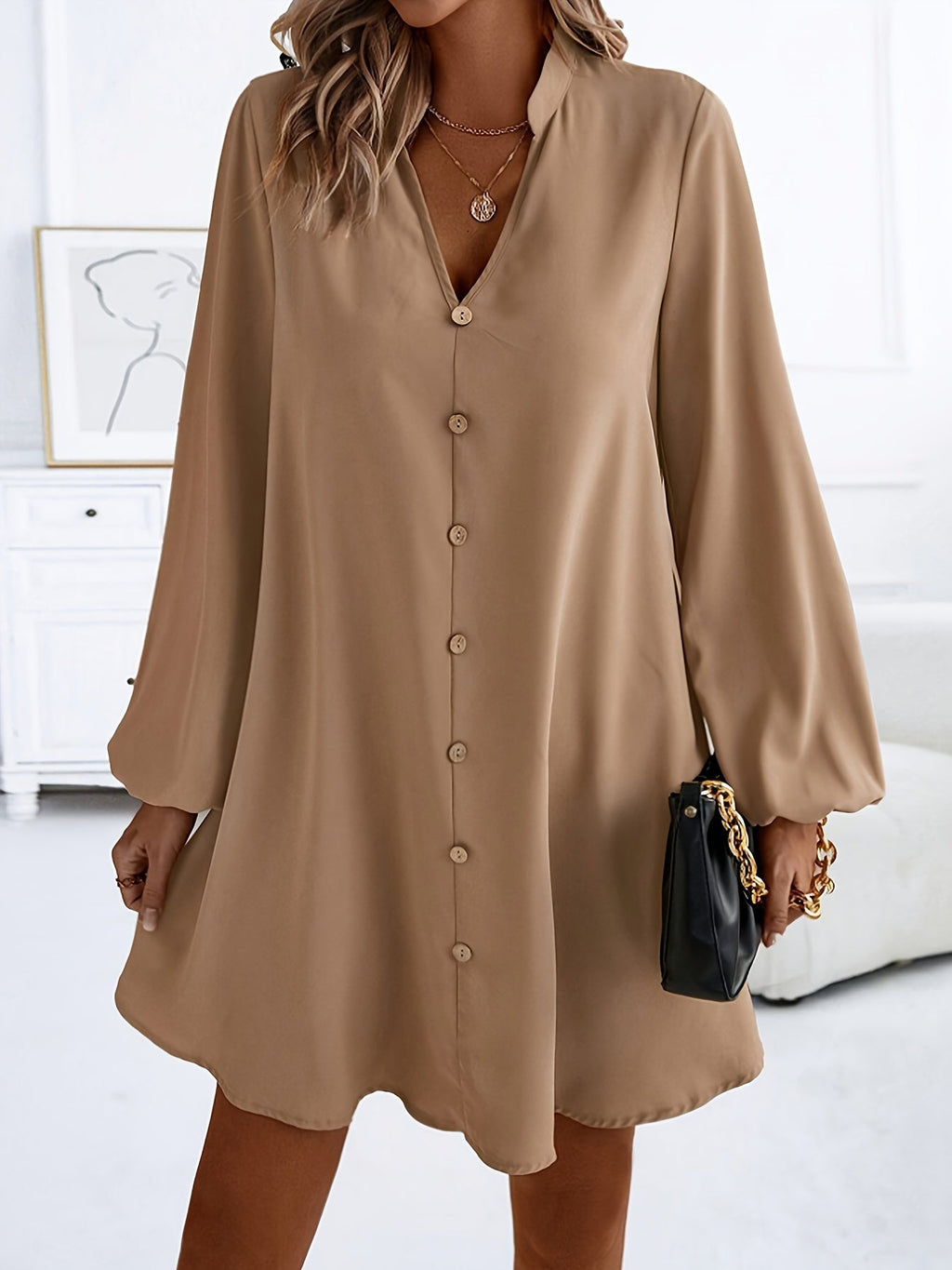 Airy Casual V-Neck Long Sleeve Dress for Women, Loose Fit Summer Midi Dress in Multiple Colors