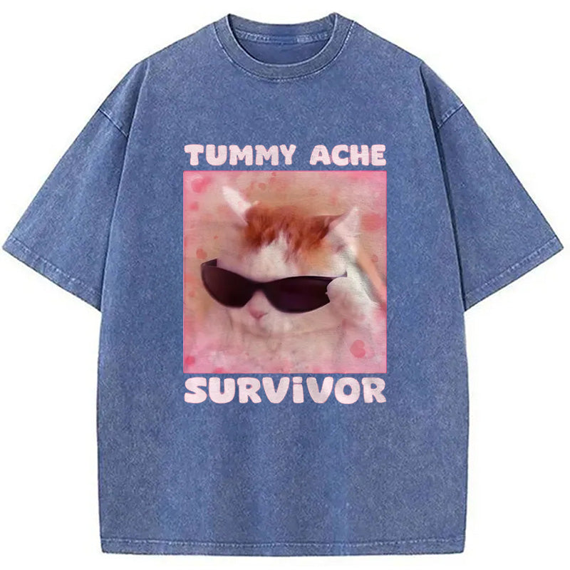 bbb Tummy Ache Survivor Funny Cat Meme Washed T-Shirt