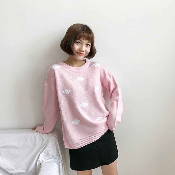 Oversized Cozy Women’s Sweater - Cloud Applique Knit Casual