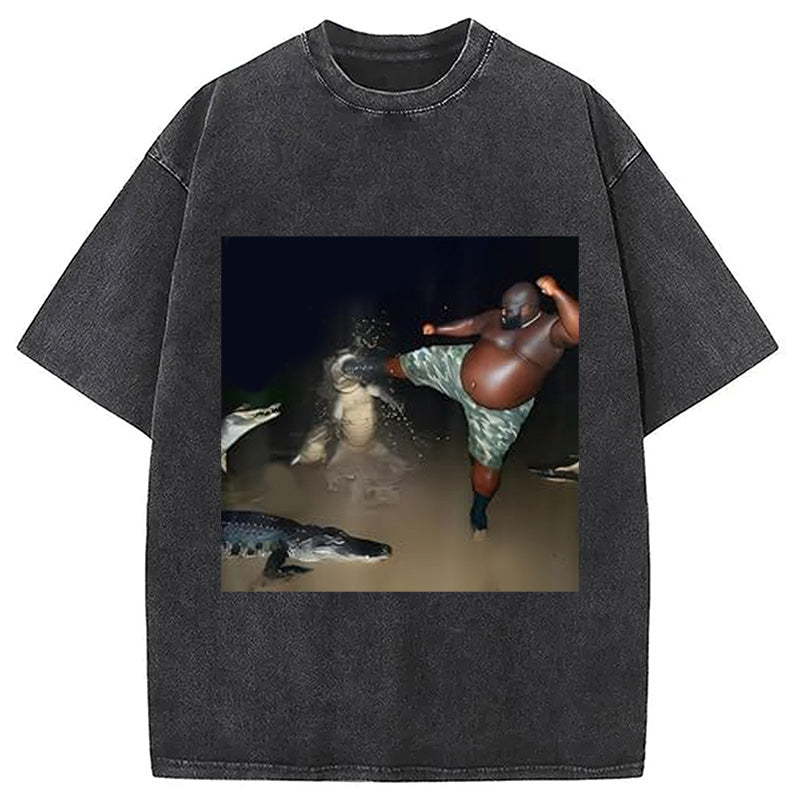 bbb Man Kick Alligator In Swamp Funny Washed T-Shirt