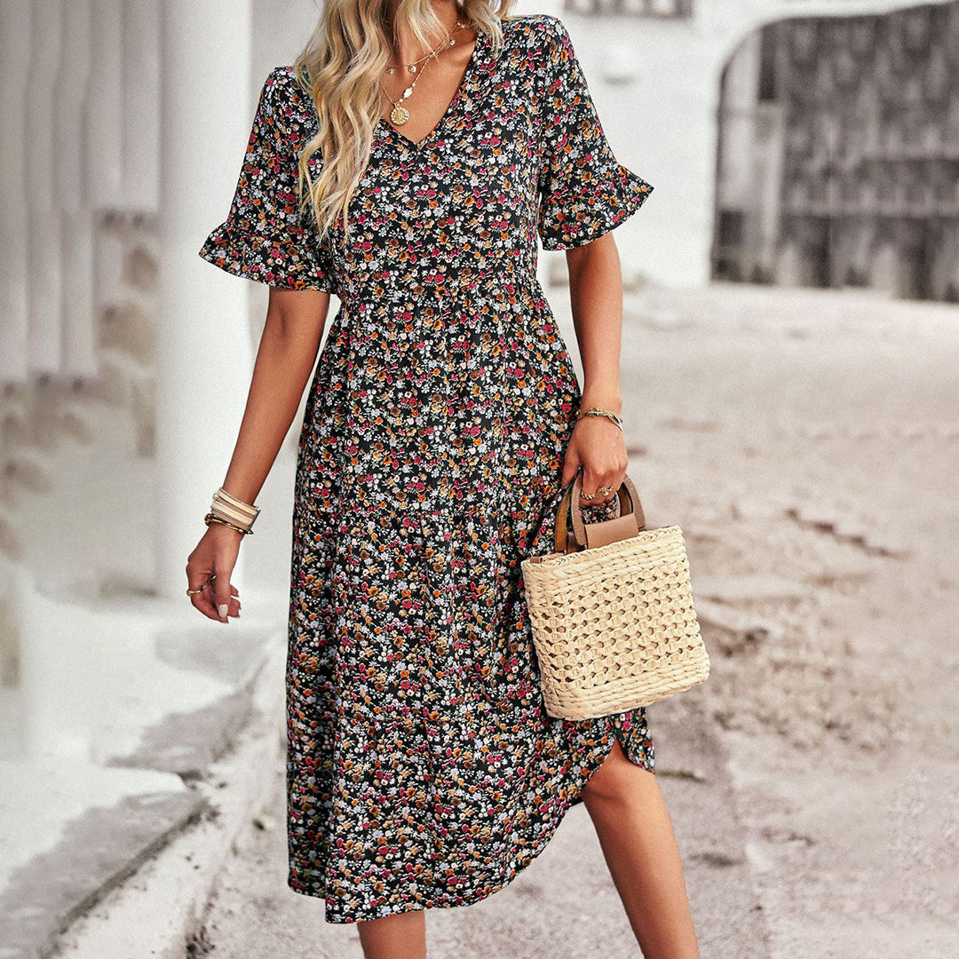 Elegant Floral Print Midi Dress - Versatile Summer Wedding Guest Dress for Work and Social Occasions