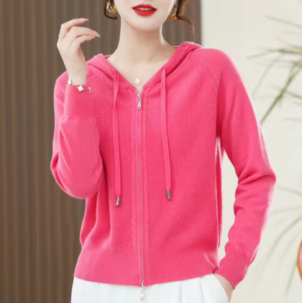Leichter Damen-Kapuzenpullover mit Reißverschluss – Lässiger Strick für den Frühling