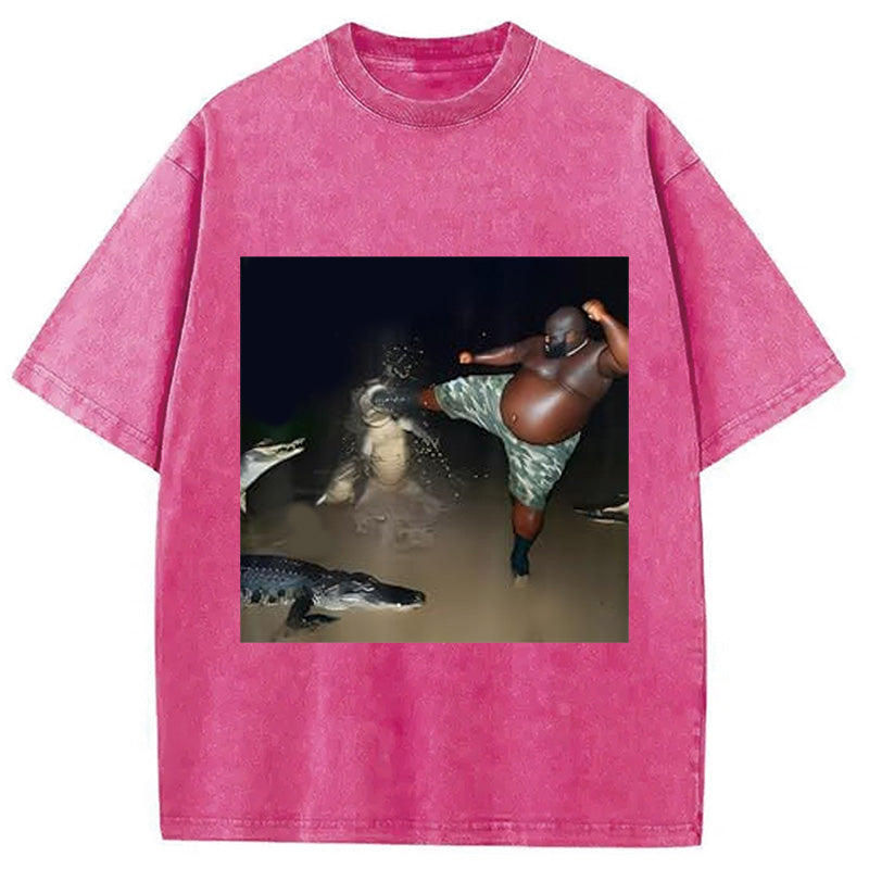 bbb Man Kick Alligator In Swamp Funny Washed T-Shirt
