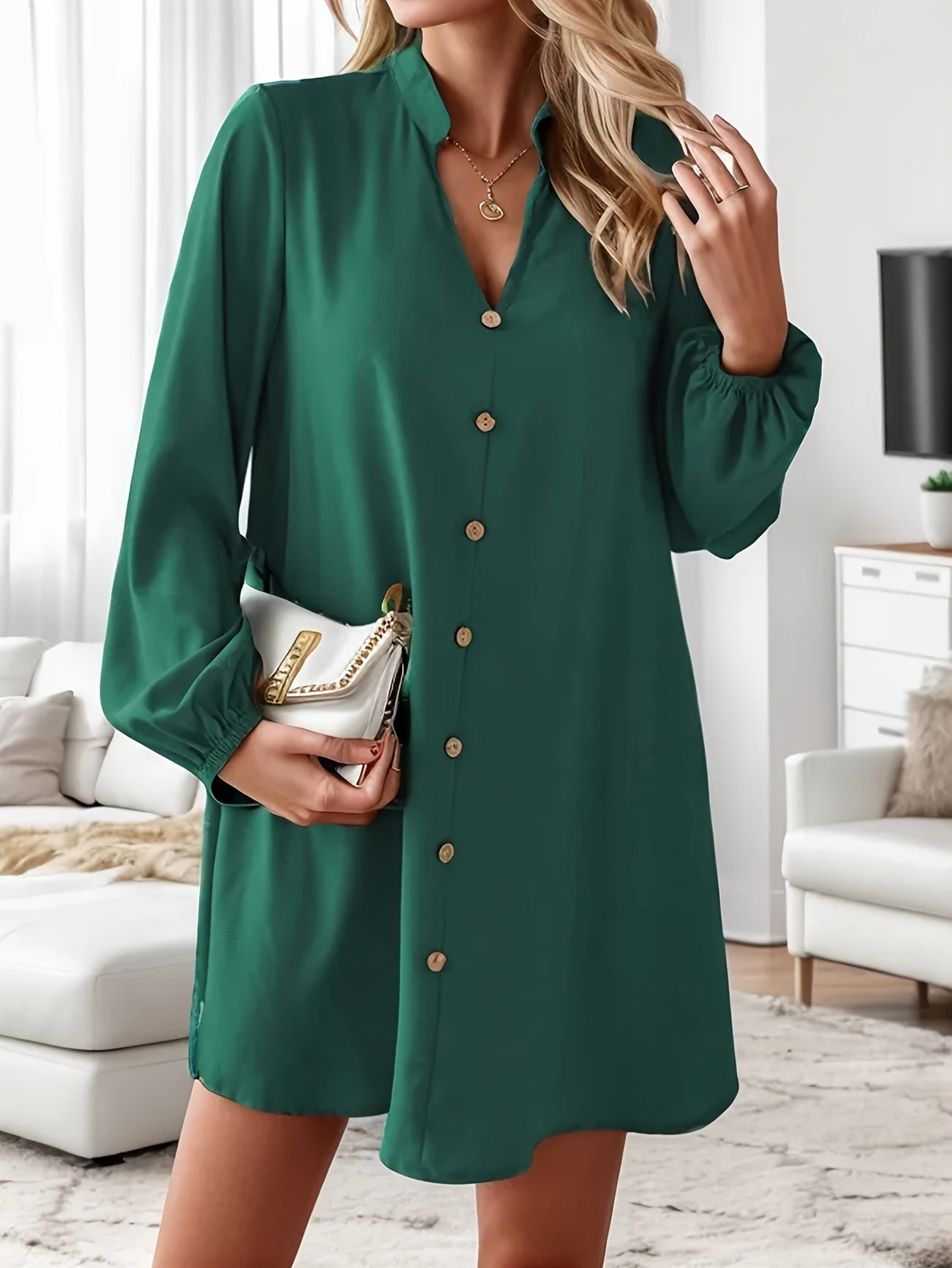 Airy Casual V-Neck Long Sleeve Dress for Women, Loose Fit Summer Midi Dress in Multiple Colors