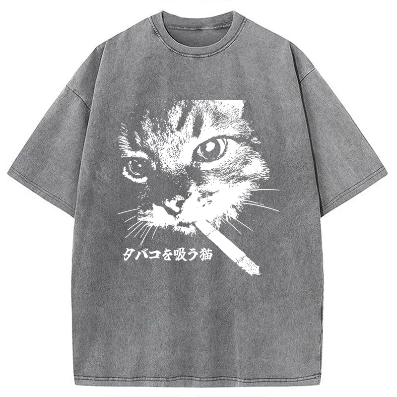 bbb Retro Cat Smoking Washed T-Shirt