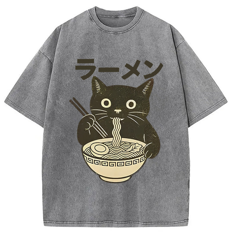 bbb Simple Black Cat Eating Ramen Washed T-Shirt
