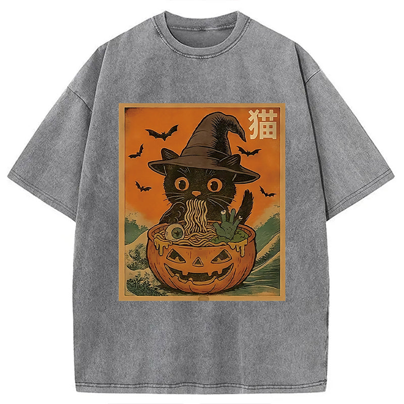 bbb Halloween Cat Eating Ramen Washed T-Shirt