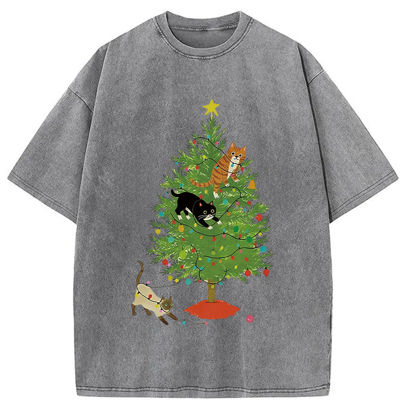 bbb Cats Playing On The Christmas Tree Washed T-Shirt
