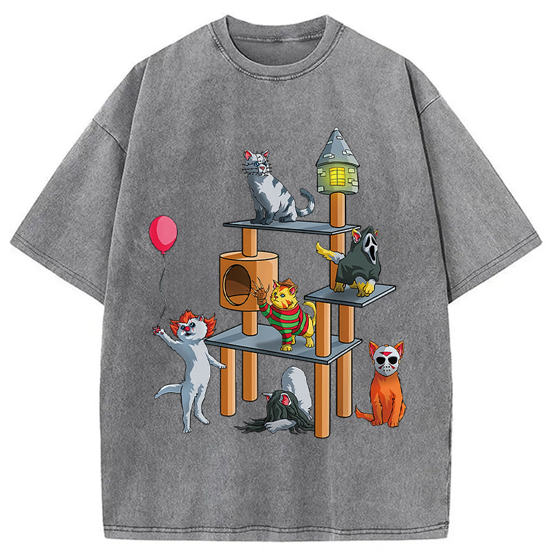 bbb Funny Cat Horror Movies Cute Halloween Washed T-Shirt
